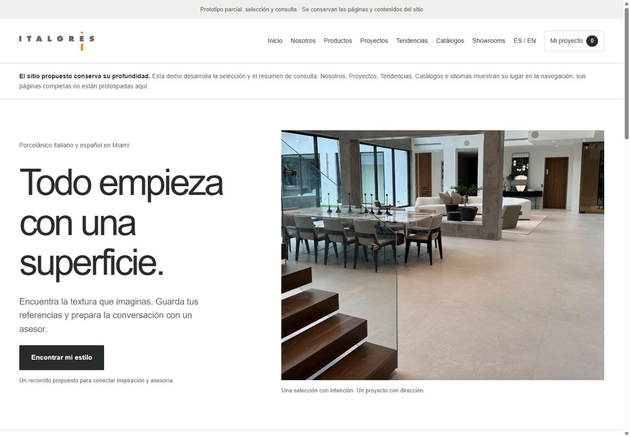 Captura real del concepto propuesto para Italgres en escritorio